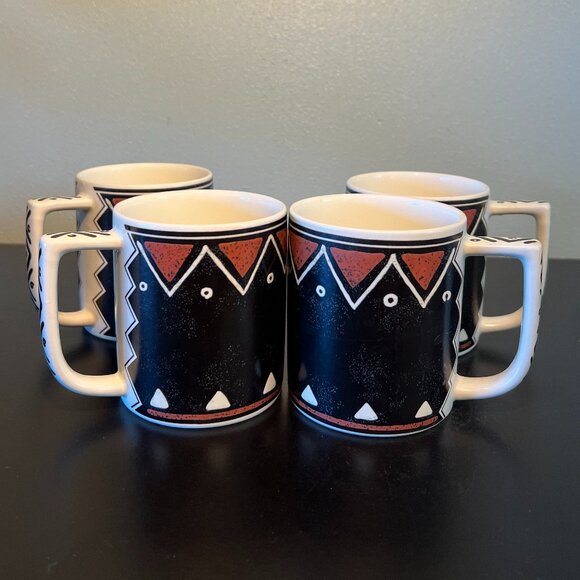 Set of 4 Vintage MIKASA Fashion Plate MOZAMBIQUE Pattern Tribal Art Ceramic Mugs - Picture 3 of 13